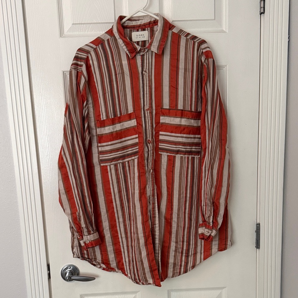 DISSH Women's Orange, Brown and White Striped Button Down Shirt